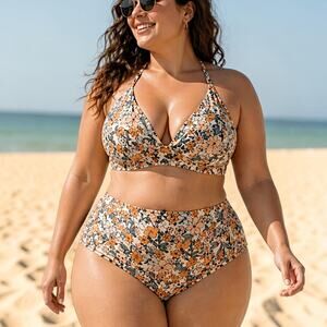 Cupshe Floral Bikini Set XXL High Waisted Swim Two Piece Cream / Orange  NEW